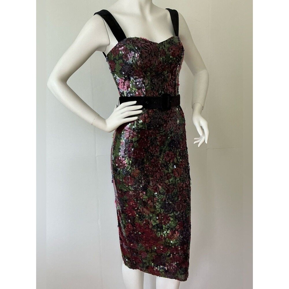 NEW DRESS THE POPULATION (Size S) “Nicole” Floral Sequin Belted Midi Dress